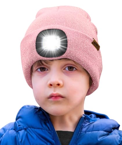 ATNKE Kids LED Beleuchtete Mütze mit Licht,Wiederaufladbare USB 4 LED Laufmütze Extrem Heller Lampe Winter Warme Stricken Mütze Großartig Geschenke für Jungen und Mädchen/Blended Pink Goldwire von ATNKE