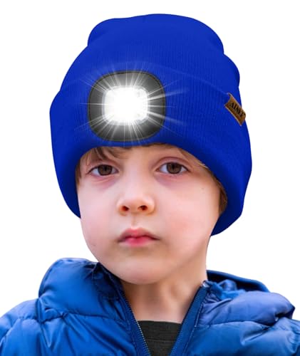 ATNKE Kids LED Beleuchtete Mütze mit Licht,Wiederaufladbare USB 4 LED Laufmütze Extrem Heller Lampe Winter Warme Stricken Mütze Großartig Geschenke für Jungen und Mädchen/Blue von ATNKE