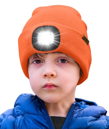 ATNKE Kids LED Beleuchtete Mütze mit Licht,Wiederaufladbare USB 4 LED Laufmütze Extrem Heller Lampe Winter Warme Stricken Mütze Großartig Geschenke für Jungen und Mädchen/Bright Orange von ATNKE