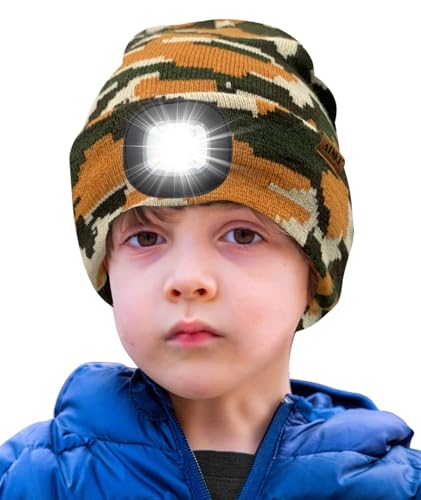 ATNKE Kids LED Beleuchtete Mütze mit Licht,Wiederaufladbare USB 4 LED Laufmütze Extrem Heller Lampe Winter Warme Stricken Mütze Großartig Geschenke für Jungen und Mädchen/Camouflage Yellow von ATNKE