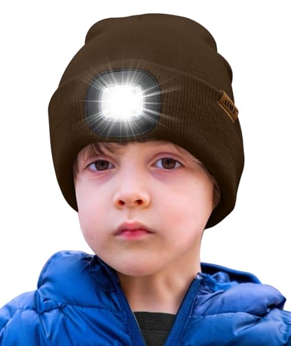 ATNKE Kids LED Beleuchtete Mütze mit Licht,Wiederaufladbare USB 4 LED Laufmütze Extrem Heller Lampe Winter Warme Stricken Mütze Großartig Geschenke für Jungen und Mädchen/Coffee von ATNKE