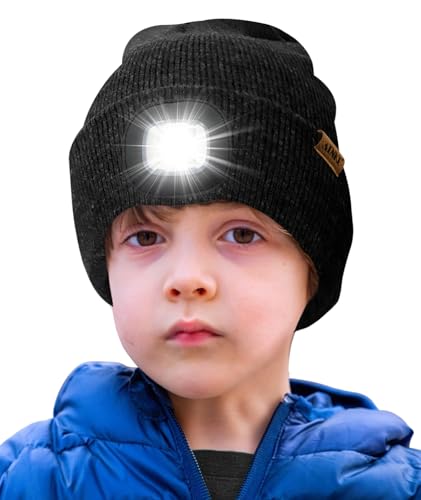 ATNKE Kids LED Beleuchtete Mütze mit Licht,Wiederaufladbare USB 4 LED Laufmütze Extrem Heller Lampe Winter Warme Stricken Mütze Großartig Geschenke für Jungen und Mädchen/Dark Grey von ATNKE