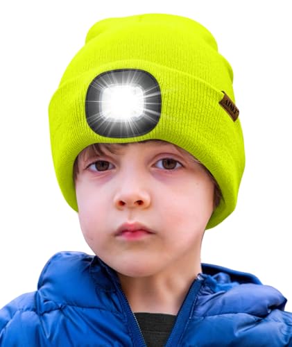 ATNKE Kids LED Beleuchtete Mütze mit Licht,Wiederaufladbare USB 4 LED Laufmütze Extrem Heller Lampe Winter Warme Stricken Mütze Großartig Geschenke für Jungen und Mädchen/Fluorescent Yellow von ATNKE