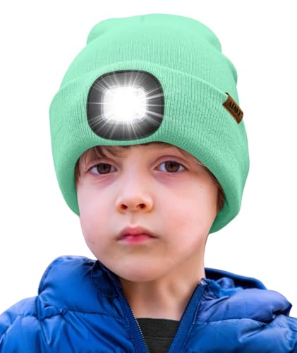 ATNKE Kids LED Beleuchtete Mütze mit Licht,Wiederaufladbare USB 4 LED Laufmütze Extrem Heller Lampe Winter Warme Stricken Mütze Großartig Geschenke für Jungen und Mädchen/Fruit Green von ATNKE