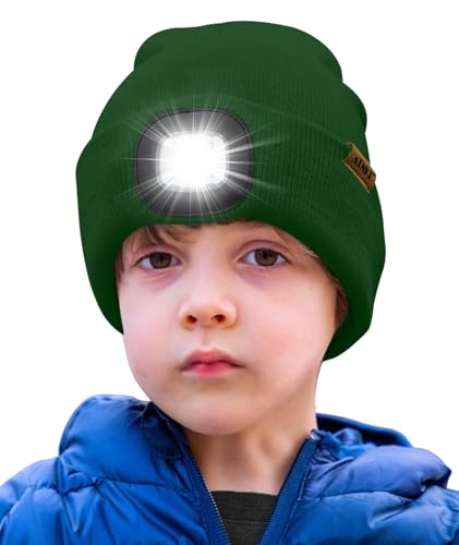 ATNKE Kids LED Beleuchtete Mütze mit Licht,Wiederaufladbare USB 4 LED Laufmütze Extrem Heller Lampe Winter Warme Stricken Mütze Großartig Geschenke für Jungen und Mädchen/Green von ATNKE