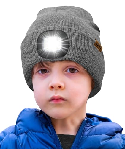 ATNKE Kids LED Beleuchtete Mütze mit Licht,Wiederaufladbare USB 4 LED Laufmütze Extrem Heller Lampe Winter Warme Stricken Mütze Großartig Geschenke für Jungen und Mädchen/Grey von ATNKE