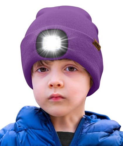 ATNKE Kids LED Beleuchtete Mütze mit Licht,Wiederaufladbare USB 4 LED Laufmütze Extrem Heller Lampe Winter Warme Stricken Mütze Großartig Geschenke für Jungen und Mädchen/Inner Purple von ATNKE