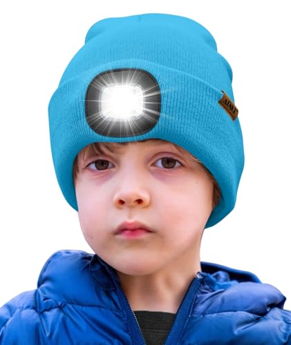 ATNKE Kids LED Beleuchtete Mütze mit Licht,Wiederaufladbare USB 4 LED Laufmütze Extrem Heller Lampe Winter Warme Stricken Mütze Großartig Geschenke für Jungen und Mädchen/Lake Blue von ATNKE