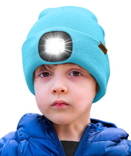 ATNKE Kids LED Beleuchtete Mütze mit Licht,Wiederaufladbare USB 4 LED Laufmütze Extrem Heller Lampe Winter Warme Stricken Mütze Großartig Geschenke für Jungen und Mädchen/Light Blue von ATNKE