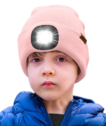 ATNKE Kids LED Beleuchtete Mütze mit Licht,Wiederaufladbare USB 4 LED Laufmütze Extrem Heller Lampe Winter Warme Stricken Mütze Großartig Geschenke für Jungen und Mädchen/Light Pink von ATNKE