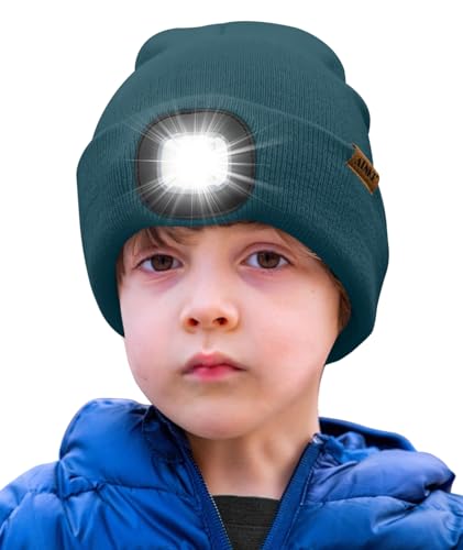 ATNKE Kids LED Beleuchtete Mütze mit Licht,Wiederaufladbare USB 4 LED Laufmütze Extrem Heller Lampe Winter Warme Stricken Mütze Großartig Geschenke für Jungen und Mädchen/Olive Green von ATNKE