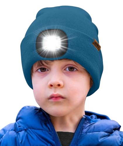 ATNKE Kids LED Beleuchtete Mütze mit Licht,Wiederaufladbare USB 4 LED Laufmütze Extrem Heller Lampe Winter Warme Stricken Mütze Großartig Geschenke für Jungen und Mädchen/Peacock Blue von ATNKE