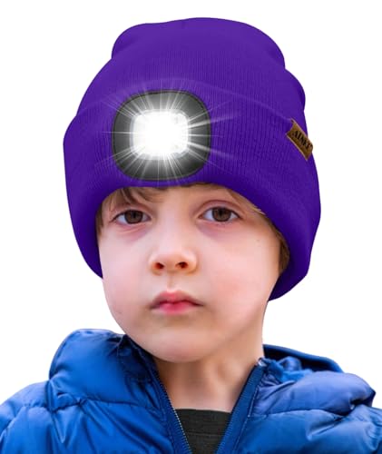 ATNKE Kids LED Beleuchtete Mütze mit Licht,Wiederaufladbare USB 4 LED Laufmütze Extrem Heller Lampe Winter Warme Stricken Mütze Großartig Geschenke für Jungen und Mädchen/Purple von ATNKE