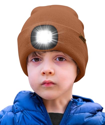 ATNKE Kids LED Beleuchtete Mütze mit Licht,Wiederaufladbare USB 4 LED Laufmütze Extrem Heller Lampe Winter Warme Stricken Mütze Großartig Geschenke für Jungen und Mädchen/Red Brown von ATNKE