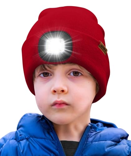 ATNKE Kids LED Beleuchtete Mütze mit Licht,Wiederaufladbare USB 4 LED Laufmütze Extrem Heller Lampe Winter Warme Stricken Mütze Großartig Geschenke für Jungen und Mädchen/Red von ATNKE