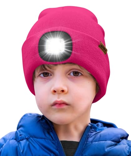 ATNKE Kids LED Beleuchtete Mütze mit Licht,Wiederaufladbare USB 4 LED Laufmütze Extrem Heller Lampe Winter Warme Stricken Mütze Großartig Geschenke für Jungen und Mädchen/Rose Red von ATNKE