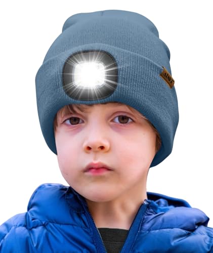 ATNKE Kids LED Beleuchtete Mütze mit Licht,Wiederaufladbare USB 4 LED Laufmütze Extrem Heller Lampe Winter Warme Stricken Mütze Großartig Geschenke für Jungen und Mädchen/Shadow Blue von ATNKE