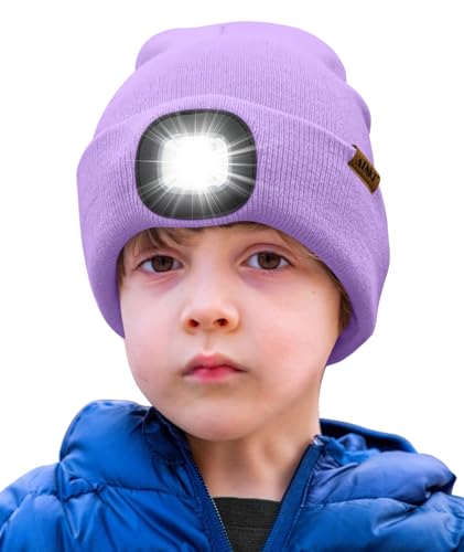 ATNKE Kids LED Beleuchtete Mütze mit Licht,Wiederaufladbare USB 4 LED Laufmütze Extrem Heller Lampe Winter Warme Stricken Mütze Großartig Geschenke für Jungen und Mädchen/Taro Purple von ATNKE