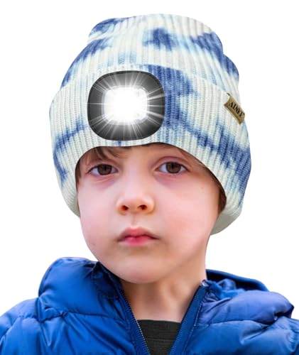 ATNKE Kids LED Beleuchtete Mütze mit Licht,Wiederaufladbare USB 4 LED Laufmütze Extrem Heller Lampe Winter Warme Stricken Mütze Großartig Geschenke für Jungen und Mädchen/Tie Dye Blue von ATNKE