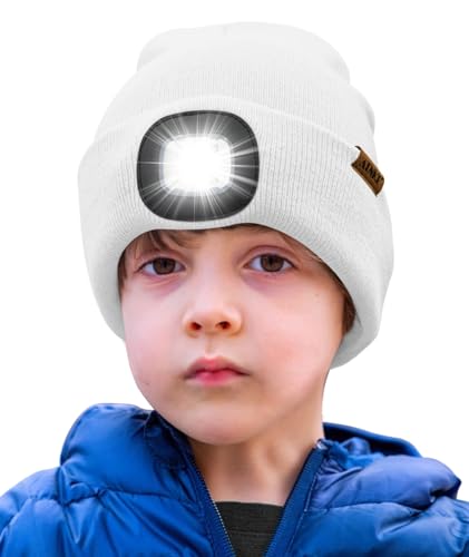 ATNKE Kids LED Beleuchtete Mütze mit Licht,Wiederaufladbare USB 4 LED Laufmütze Extrem Heller Lampe Winter Warme Stricken Mütze Großartig Geschenke für Jungen und Mädchen/White von ATNKE