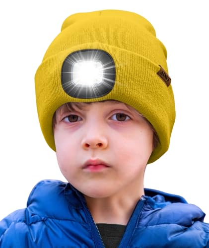 ATNKE Kids LED Beleuchtete Mütze mit Licht,Wiederaufladbare USB 4 LED Laufmütze Extrem Heller Lampe Winter Warme Stricken Mütze Großartig Geschenke für Jungen und Mädchen/Yellow von ATNKE