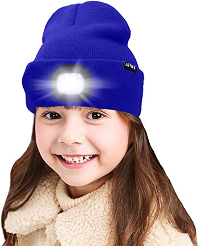 ATNKE Kids LED beleuchtete Mütze mit Licht, USB Wiederaufladbare 4 LED Scheinwerfer wasserdichte Winterwärmer Strick Nachthüte mit leichten Jungen Mädchen/Blue von ATNKE