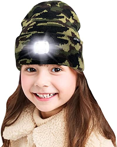 ATNKE Kids LED beleuchtete Mütze mit Licht, USB Wiederaufladbare 4 LED Scheinwerfer wasserdichte Winterwärmer Strick Nachthüte mit leichten Jungen Mädchen/Camouflage Green von ATNKE