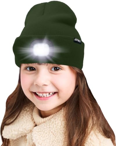 ATNKE Kids LED beleuchtete Mütze mit Licht, USB Wiederaufladbare 4 LED Scheinwerfer wasserdichte Winterwärmer Strick Nachthüte mit leichten Jungen Mädchen/Dark Army Green von ATNKE