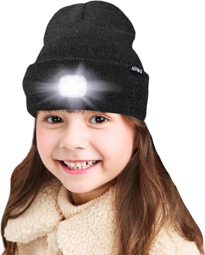 ATNKE Kids LED beleuchtete Mütze mit Licht, USB Wiederaufladbare 4 LED Scheinwerfer wasserdichte Winterwärmer Strick Nachthüte mit leichten Jungen Mädchen/Dark Grey von ATNKE