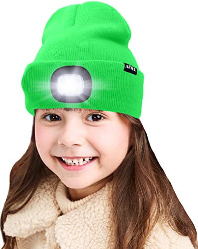 ATNKE Kids LED beleuchtete Mütze mit Licht, USB Wiederaufladbare 4 LED Scheinwerfer wasserdichte Winterwärmer Strick Nachthüte mit leichten Jungen Mädchen/Fluorescent Green von ATNKE