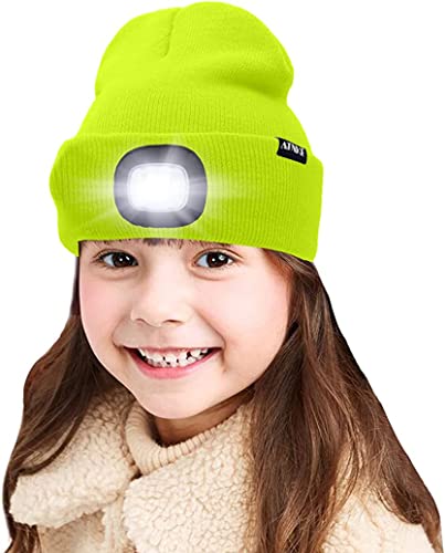 ATNKE Kids LED beleuchtete Mütze mit Licht, USB Wiederaufladbare 4 LED Scheinwerfer wasserdichte Winterwärmer Strick Nachthüte mit leichten Jungen Mädchen/Fluorescent Yellow von ATNKE