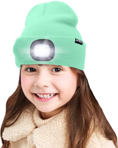 ATNKE Kids LED beleuchtete Mütze mit Licht, USB Wiederaufladbare 4 LED Scheinwerfer wasserdichte Winterwärmer Strick Nachthüte mit leichten Jungen Mädchen/Fruit Green von ATNKE