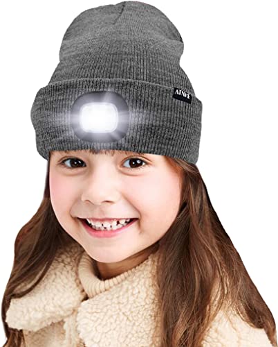 ATNKE Kids LED beleuchtete Mütze mit Licht, USB Wiederaufladbare 4 LED Scheinwerfer wasserdichte Winterwärmer Strick Nachthüte mit leichten Jungen Mädchen/Grey von ATNKE