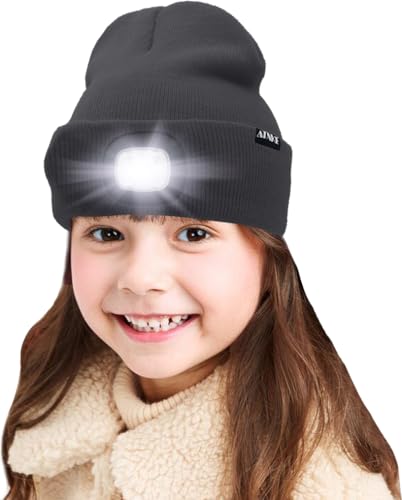 ATNKE Kids LED beleuchtete Mütze mit Licht, USB Wiederaufladbare 4 LED Scheinwerfer wasserdichte Winterwärmer Strick Nachthüte mit leichten Jungen Mädchen/Noble Gray von ATNKE