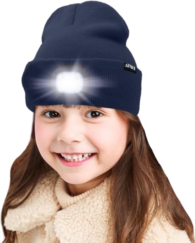 ATNKE Kids LED beleuchtete Mütze mit Licht, USB Wiederaufladbare 4 LED Scheinwerfer wasserdichte Winterwärmer Strick Nachthüte mit leichten Jungen Mädchen/Light Navy Blue von ATNKE