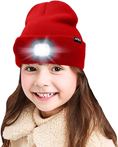 ATNKE Kids LED beleuchtete Mütze mit Licht, USB Wiederaufladbare 4 LED Scheinwerfer wasserdichte Winterwärmer Strick Nachthüte mit leichten Jungen Mädchen/Red von ATNKE