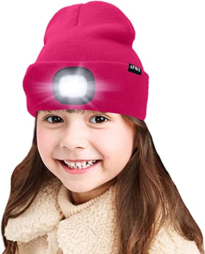 ATNKE Kids LED beleuchtete Mütze mit Licht, USB Wiederaufladbare 4 LED Scheinwerfer wasserdichte Winterwärmer Strick Nachthüte mit leichten Jungen Mädchen/Rose Red von ATNKE