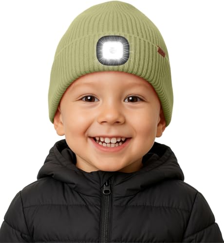 ATNKE Kinder LED Beleuchtete Mütze mit Licht Fleece Gefüttert, USB Wiederaufladbare 4 LED Laufmütze Freihändig Stirnlampe Winter Warm Strick Mütze Geschenke für Jungen und Mädchen/Army Green von ATNKE