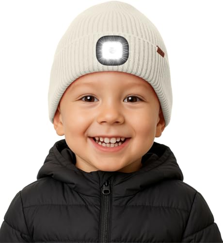 ATNKE Kinder LED Beleuchtete Mütze mit Licht Fleece Gefüttert, USB Wiederaufladbare 4 LED Laufmütze Freihändig Stirnlampe Winter Warm Strick Mütze Geschenke für Jungen und Mädchen/Beige von ATNKE