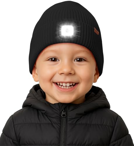 ATNKE Kinder LED Beleuchtete Mütze mit Licht Fleece Gefüttert, USB Wiederaufladbare 4 LED Laufmütze Freihändig Stirnlampe Winter Warm Strick Mütze Geschenke für Jungen und Mädchen/Black von ATNKE