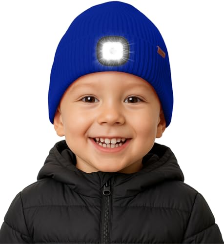 ATNKE Kinder LED Beleuchtete Mütze mit Licht Fleece Gefüttert, USB Wiederaufladbare 4 LED Laufmütze Freihändig Stirnlampe Winter Warm Strick Mütze Geschenke für Jungen und Mädchen/Blue von ATNKE