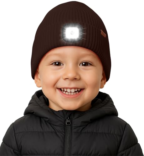 ATNKE Kinder LED Beleuchtete Mütze mit Licht Fleece Gefüttert, USB Wiederaufladbare 4 LED Laufmütze Freihändig Stirnlampe Winter Warm Strick Mütze Geschenke für Jungen und Mädchen/Coffee von ATNKE