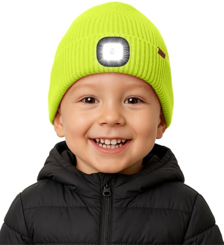 ATNKE Kinder LED Beleuchtete Mütze mit Licht Fleece Gefüttert, USB Wiederaufladbare 4 LED Laufmütze Freihändig Stirnlampe Winter Warm Strick Mütze Geschenke für Jungen und Mädchen/Fluorescent Yellow von ATNKE