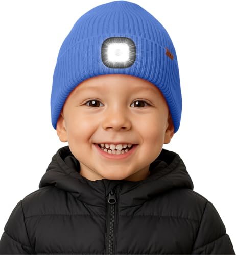 ATNKE Kinder LED Beleuchtete Mütze mit Licht Fleece Gefüttert, USB Wiederaufladbare 4 LED Laufmütze Freihändig Stirnlampe Winter Warm Strick Mütze Geschenke für Jungen und Mädchen/Magnolia Blue von ATNKE