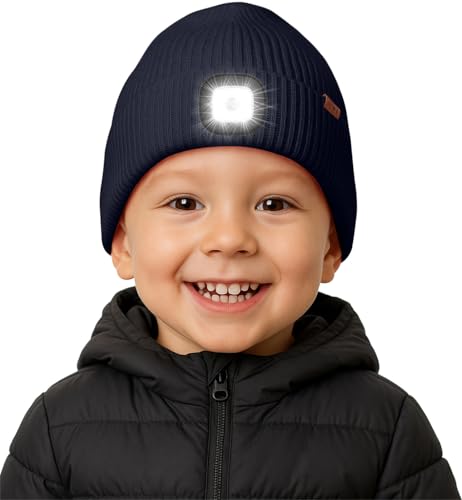 ATNKE Kinder LED Beleuchtete Mütze mit Licht Fleece Gefüttert, USB Wiederaufladbare 4 LED Laufmütze Freihändig Stirnlampe Winter Warm Strick Mütze Geschenke für Jungen und Mädchen/Navy Blue von ATNKE