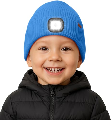 ATNKE Kinder LED Beleuchtete Mütze mit Licht Fleece Gefüttert, USB Wiederaufladbare 4 LED Laufmütze Freihändig Stirnlampe Winter Warm Strick Mütze Geschenke für Jungen und Mädchen/Peacock Blue von ATNKE