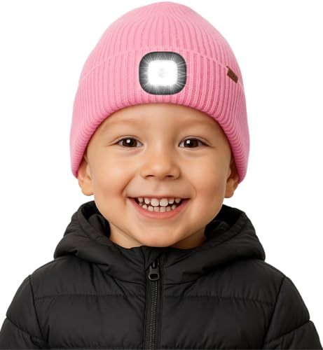 ATNKE Kinder LED Beleuchtete Mütze mit Licht Fleece Gefüttert, USB Wiederaufladbare 4 LED Laufmütze Freihändig Stirnlampe Winter Warm Strick Mütze Geschenke für Jungen und Mädchen/Pink von ATNKE