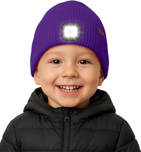 ATNKE Kinder LED Beleuchtete Mütze mit Licht Fleece Gefüttert, USB Wiederaufladbare 4 LED Laufmütze Freihändig Stirnlampe Winter Warm Strick Mütze Geschenke für Jungen und Mädchen/Purple von ATNKE