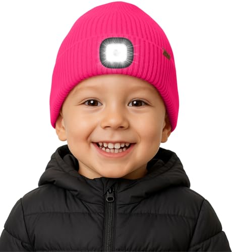 ATNKE Kinder LED Beleuchtete Mütze mit Licht Fleece Gefüttert, USB Wiederaufladbare 4 LED Laufmütze Freihändig Stirnlampe Winter Warm Strick Mütze Geschenke für Jungen und Mädchen/Rose Red von ATNKE