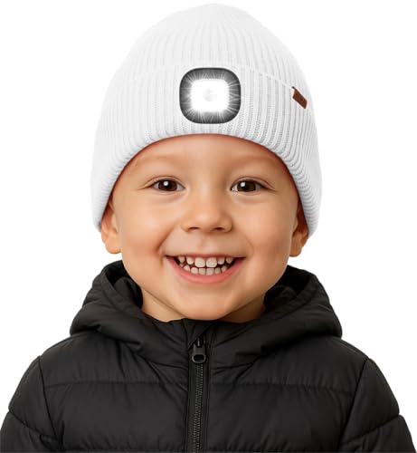 ATNKE Kinder LED Beleuchtete Mütze mit Licht Fleece Gefüttert, USB Wiederaufladbare 4 LED Laufmütze Freihändig Stirnlampe Winter Warm Strick Mütze Geschenke für Jungen und Mädchen/White von ATNKE